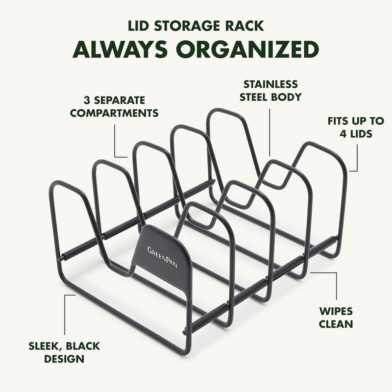 GREEN PAN Stainless Steel Wire Pots and Pans Lid Storage Rack, Holds 4 Lid Covers, Easy Storage, Countertop or Cabinent Organizer, Minimizes Clutter, Fast Drying, Wipes Clean, Black - Image 4